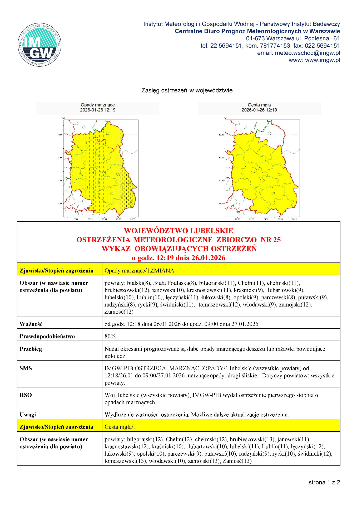 Zdjęcie ostrzeżenia o opadach marznących i gęstej mgle