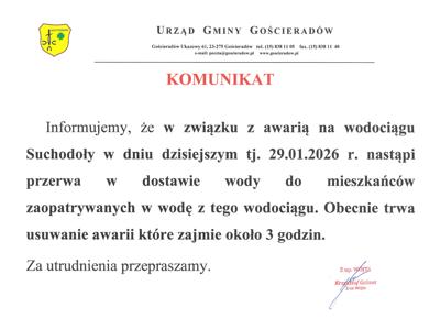 Zdjęcie komunikatu o przerwie w dostawie wody