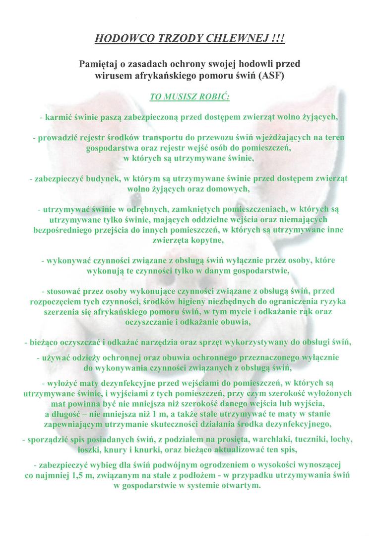 Zasady ochrony hodowli przed wirusem afrykańskiego pomoru świń (ASF)