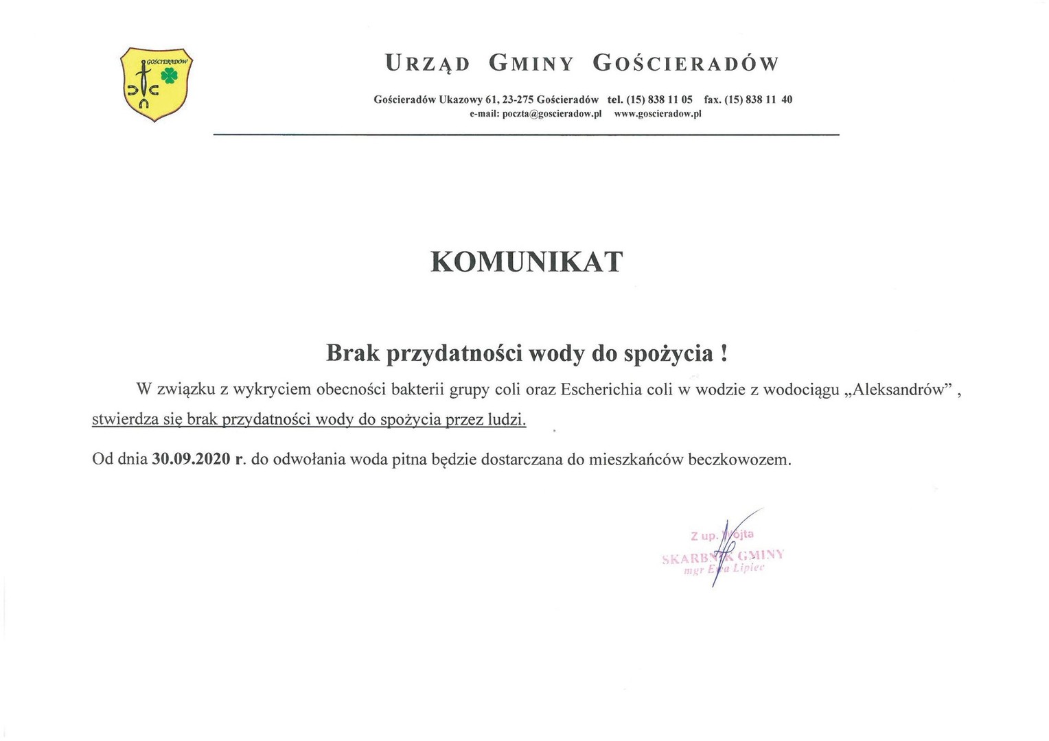 Komunikat-brak przydatności wody do spożycia z wodociągu Aleksandrów