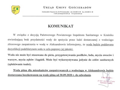 Komunikat o braku przydatności wody do spożycia przez ludzi z wodociągu Aleksandrów