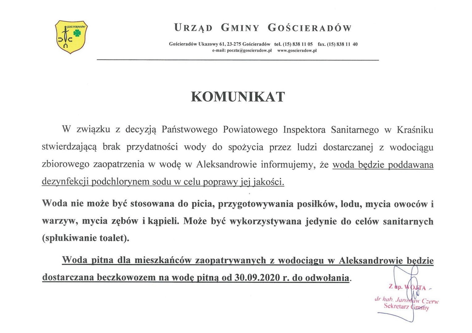 Komunikat o braku przydatności wody do spożycia przez ludzi z wodociągu Aleksandrów