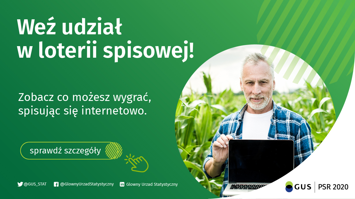 Zielony plakat z białym napisem Weź udział w loterii spisowej