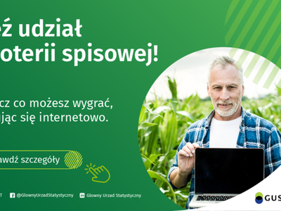 Zielony plakat z białym napisem Weź udział w loterii spisowej