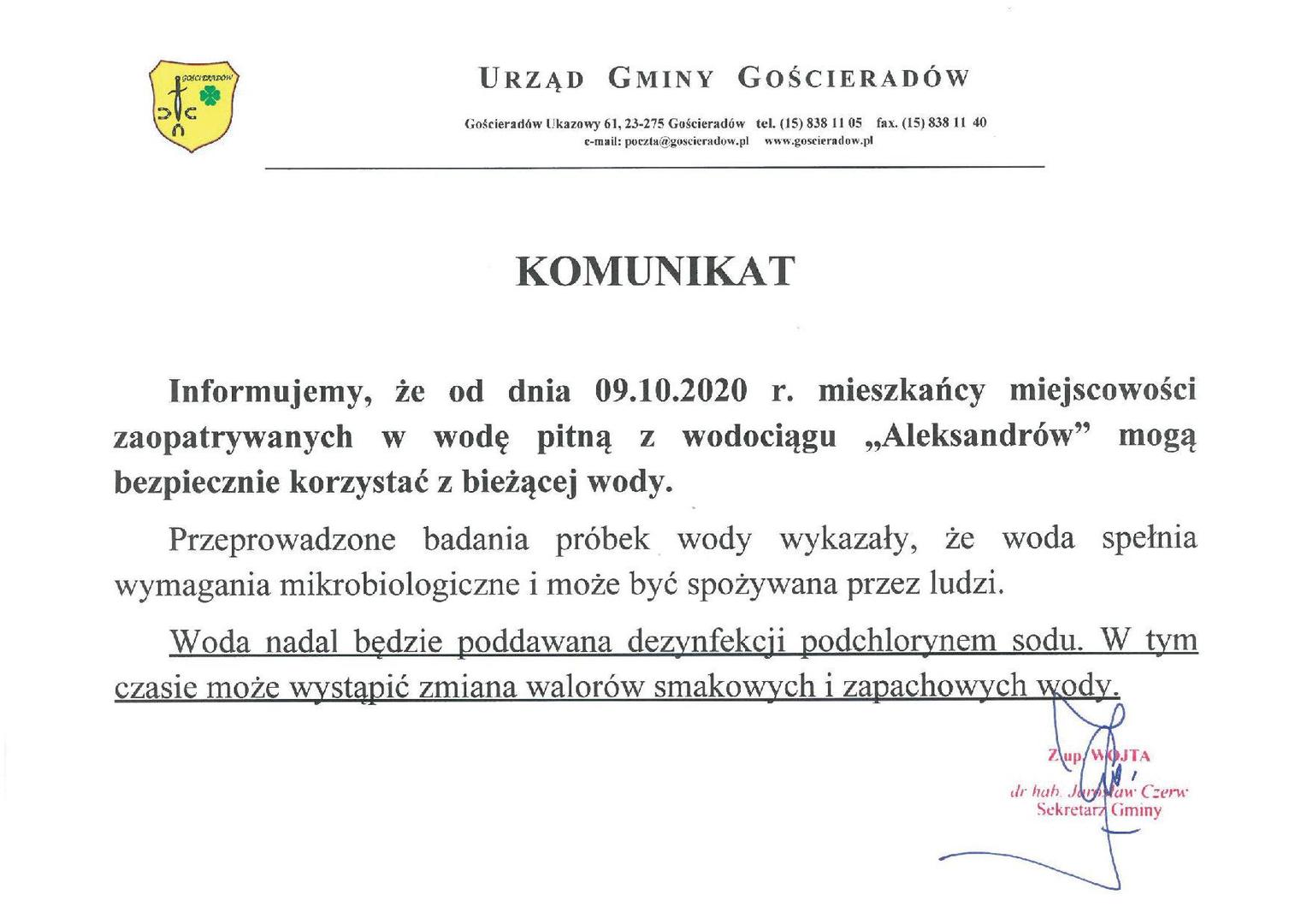 Obraz podpisanego dokumentu z komunikatem
