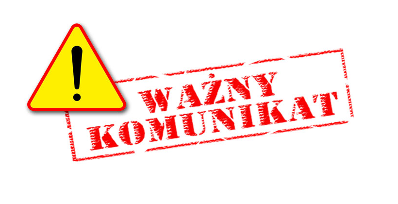 Czerwony napis ważny komunikat na białym tle z żółtym znakiem ostrzegawczym