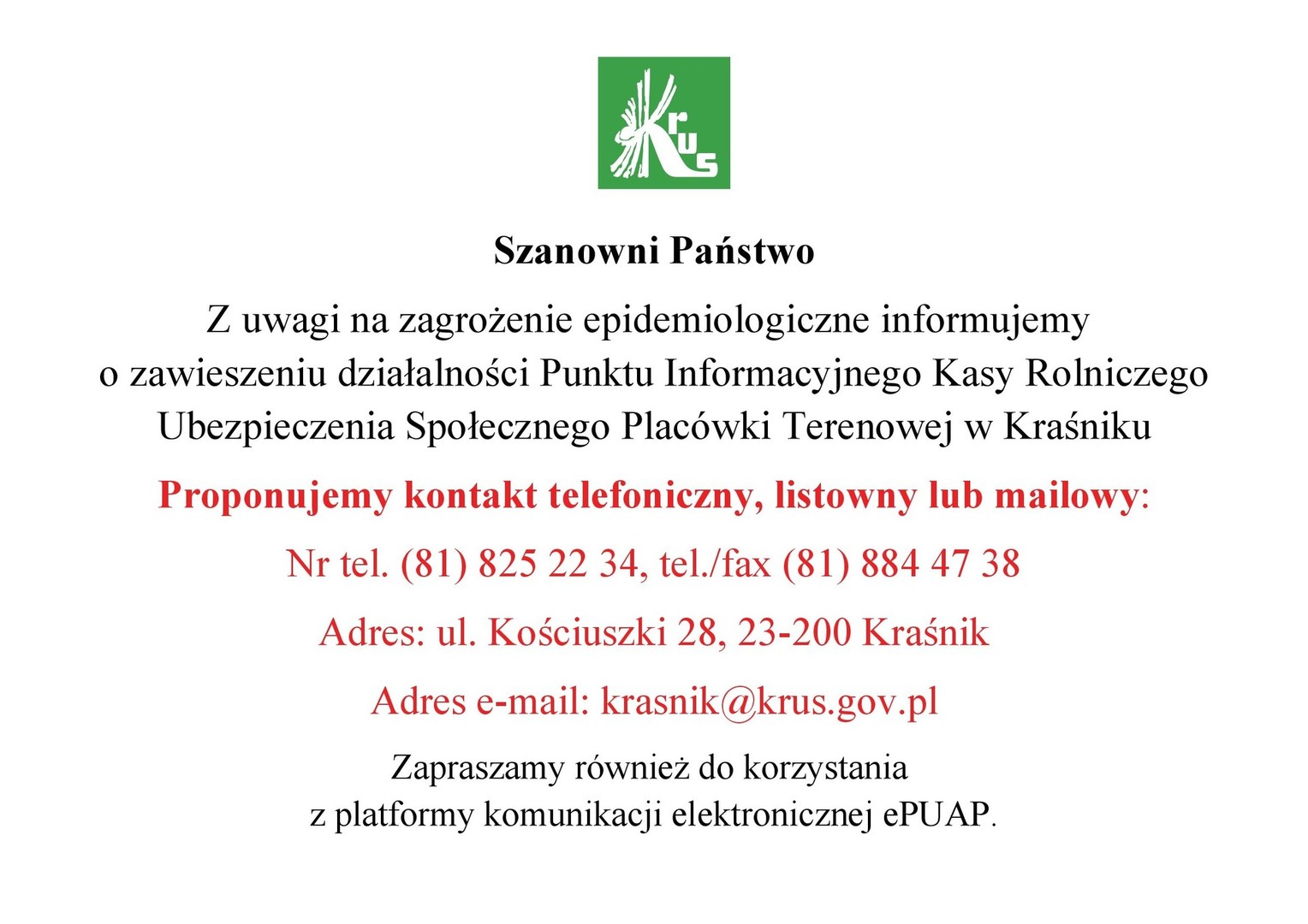 Informacja o zawieszeniu działalności Punktu Informacyjnego KRUS