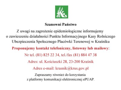 Informacja o zawieszeniu działalności Punktu Informacyjnego KRUS