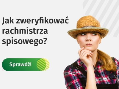 Szary plakat z kobietą i czarnym napisem jak zweryfikować rachmistrza spisowego