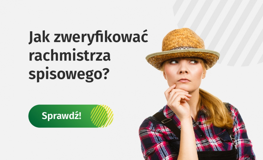 Szary plakat z kobietą i czarnym napisem jak zweryfikować rachmistrza spisowego