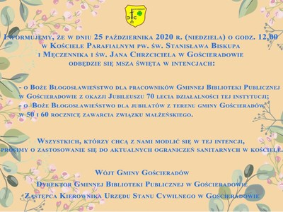 Informacja o mszy św. na pomarańczowym tle