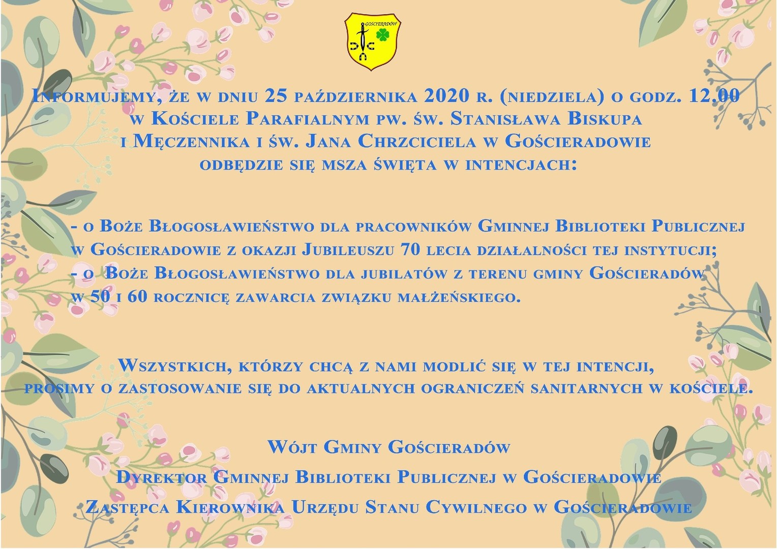 Informacja o mszy św. na pomarańczowym tle