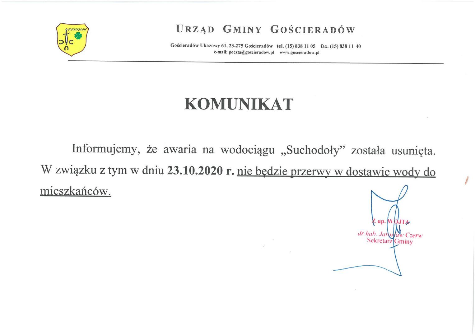 Komunikat o naprawie awarii na wodociągu "Suchodoły"