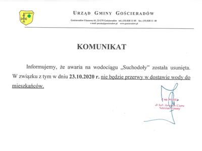 Komunikat o naprawie awarii na wodociągu "Suchodoły"