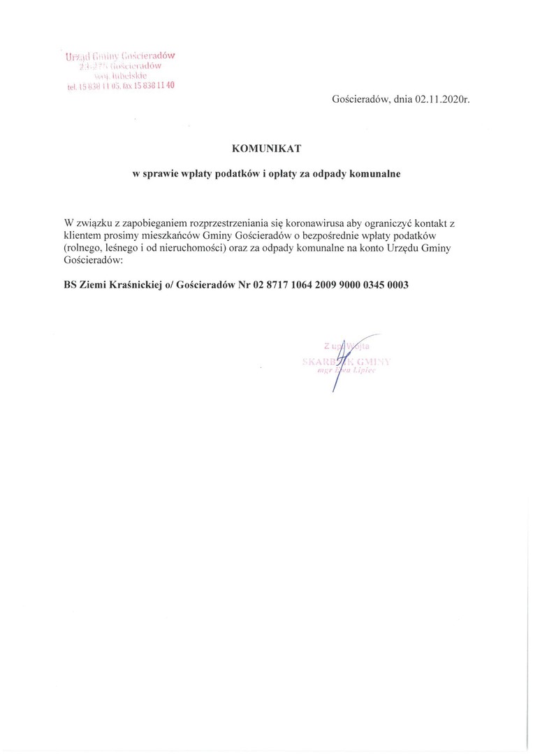 Komunikat w sprawie wpłaty podatków i opłaty za odpady komunalne