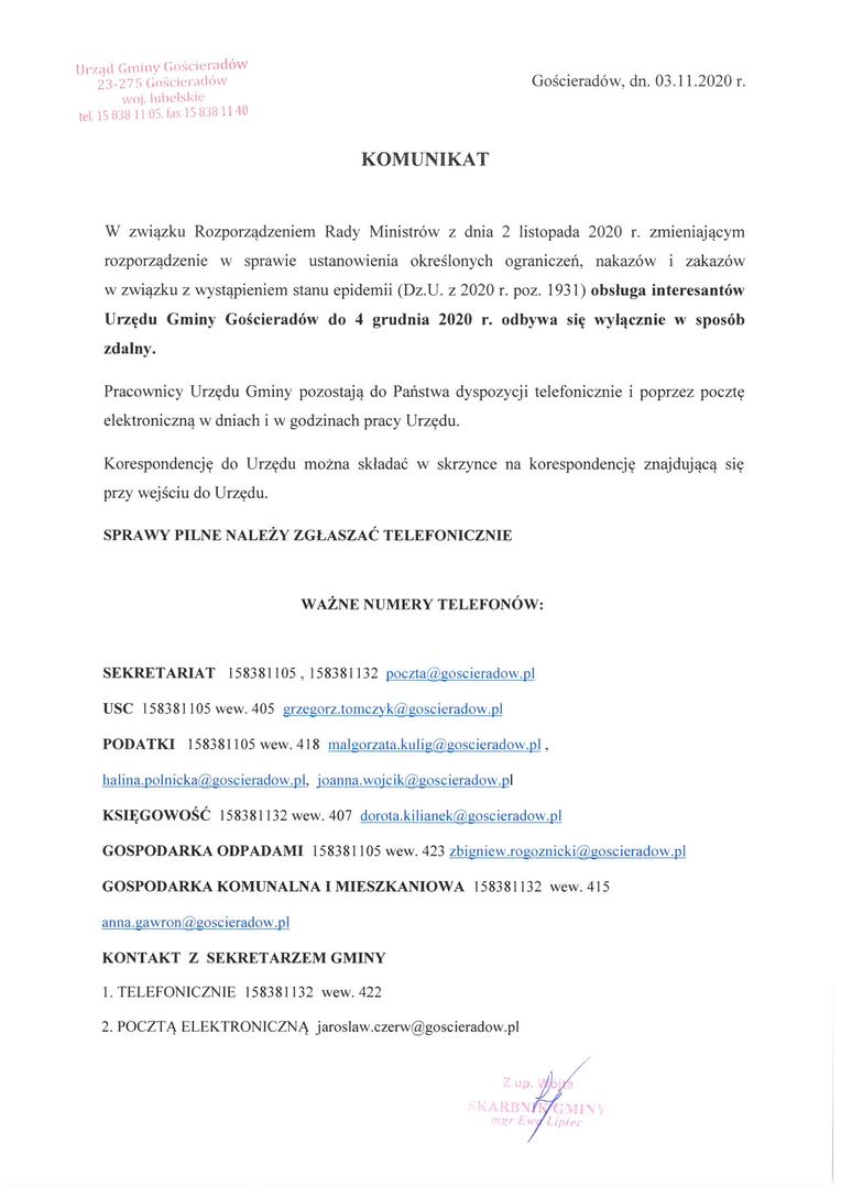 Komunikat w sprawie pracy zdalnej