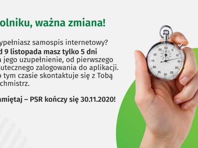 Biała ulotka z zielonym napisem: rolniku ważna zmiana