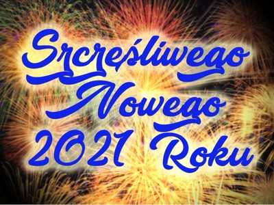 niebieski napis szczęśliwego nowego 2021 roku na tle fajerwerek
