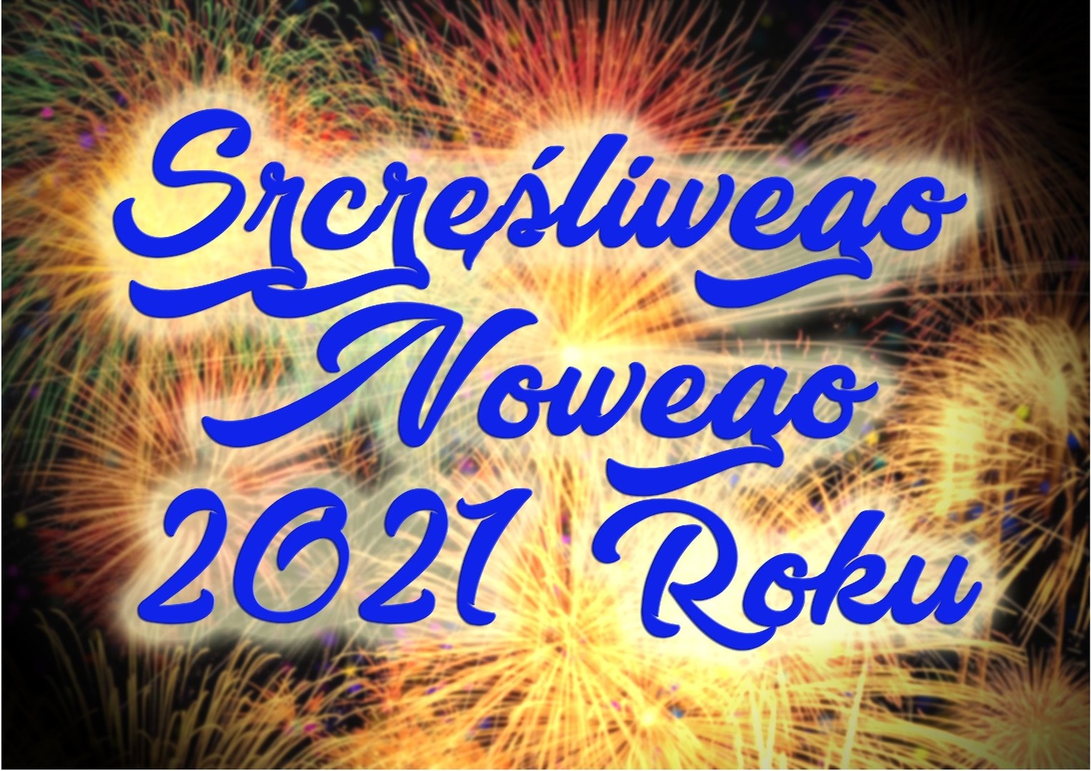 niebieski napis szczęśliwego nowego 2021 roku na tle fajerwerek