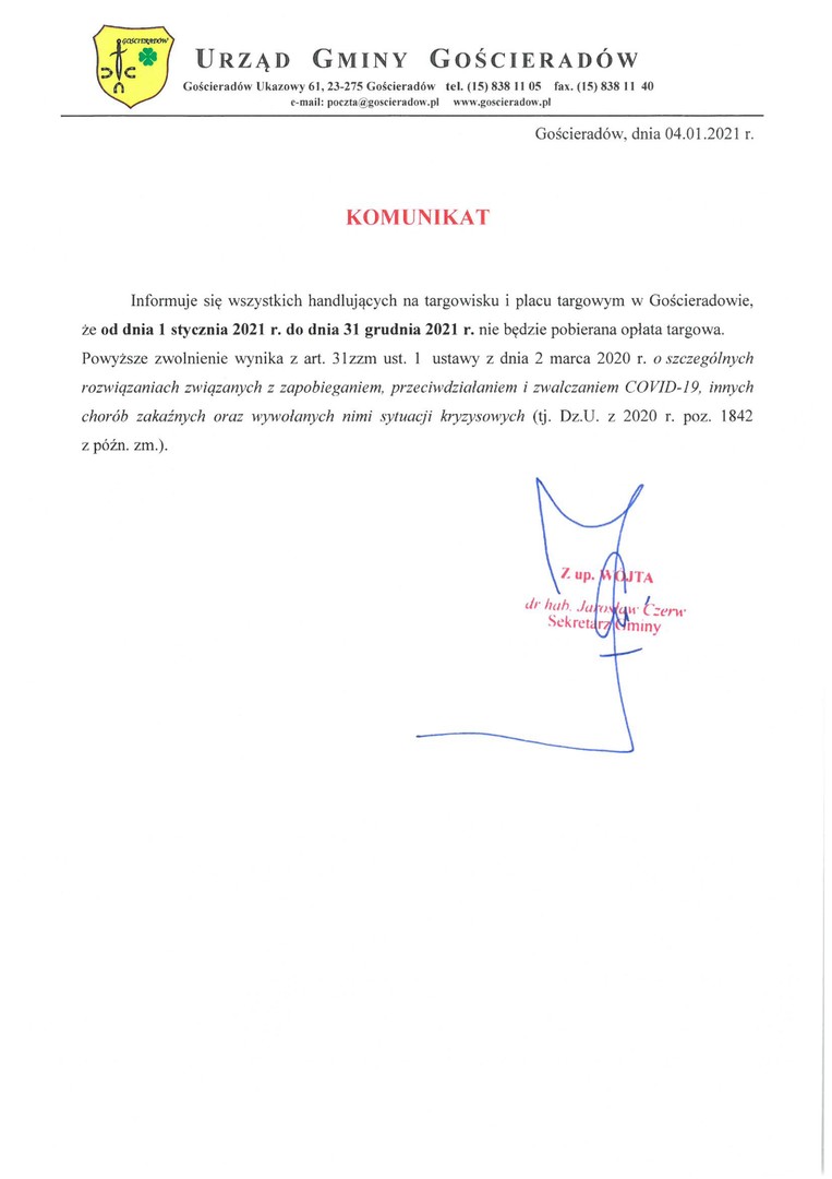 Komunikat o wstrzymaniu pobierania opłat targowych