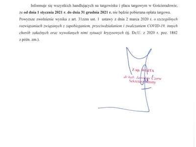 Komunikat o wstrzymaniu pobierania opłat targowych