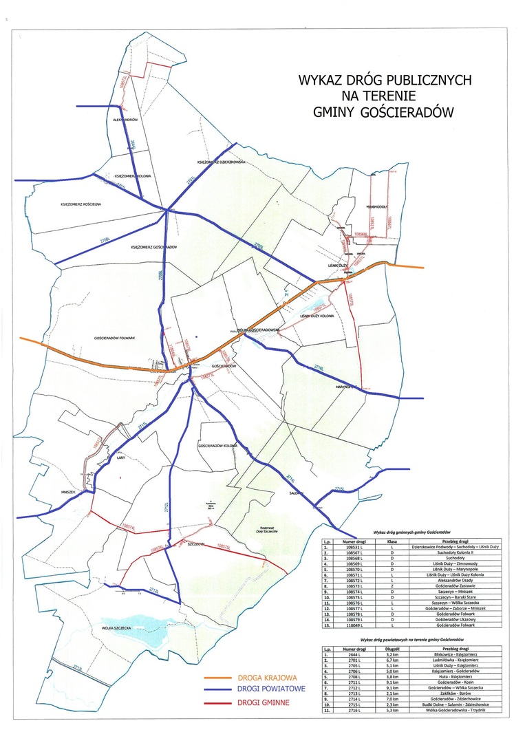 Mapa przedstawiająca sieć dróg publicznych w gminie Gościeradów