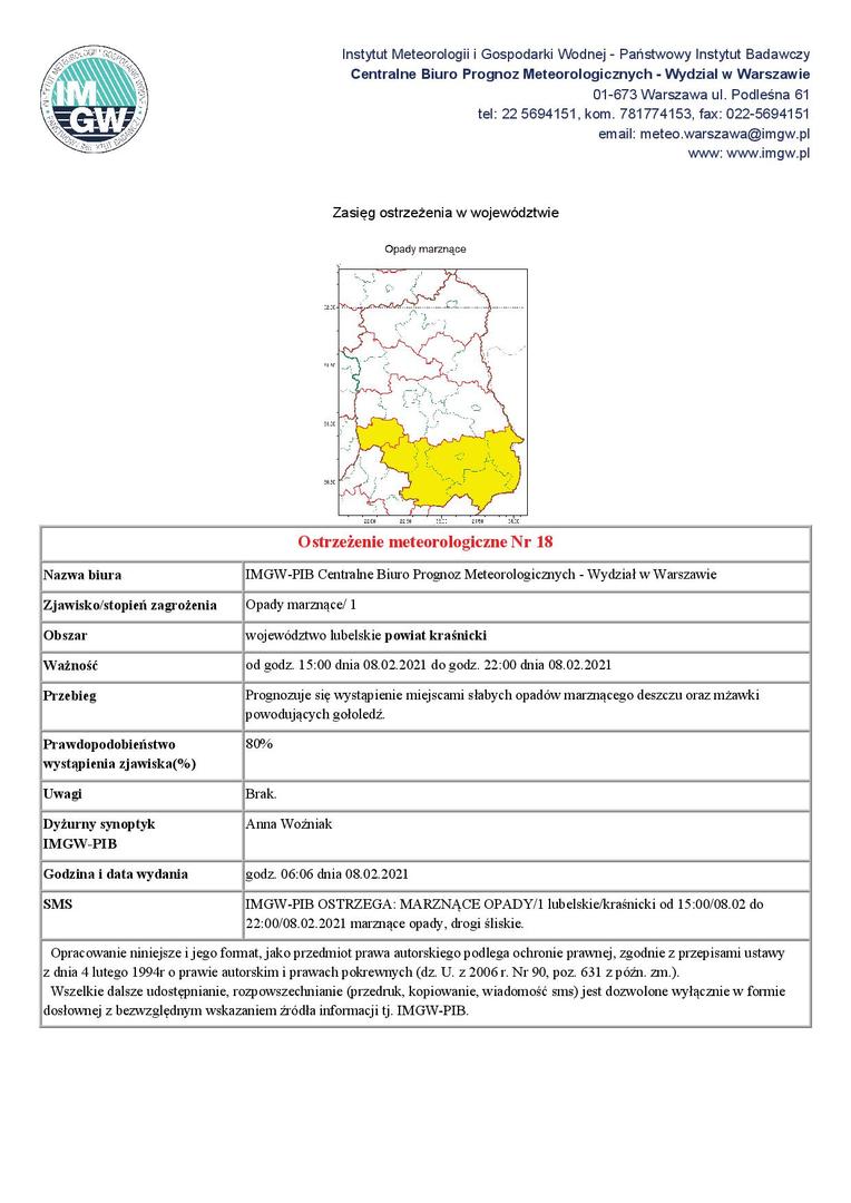 Ostrzeżenie meteorologiczne Nr 18