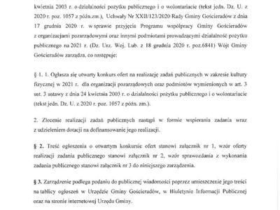 ZARZĄDZENIE Nr 134/2021  WÓJTA GMINY GOŚCIERADÓW  z dnia 15 lutego 2021  r.  w sprawie ogłoszenia otwartego konkursu ofert na realizację zadań publicznych w zakresie kultury fizycznej w 2021 r.