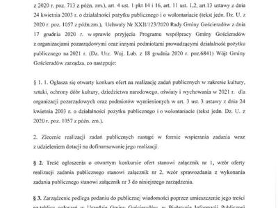 ZARZĄDZENIE Nr 135/2021 WÓJTA GMINY GOŚCIERADÓW z dnia 15 lutego 2021  r. w sprawie ogłoszenia otwartego konkursu ofert na realizację zadań publicznych  w zakresie kultury, sztuki, ochrony dóbr kultury, dziedzictwa narodowego, oświaty  i wychowania w 2021 r.