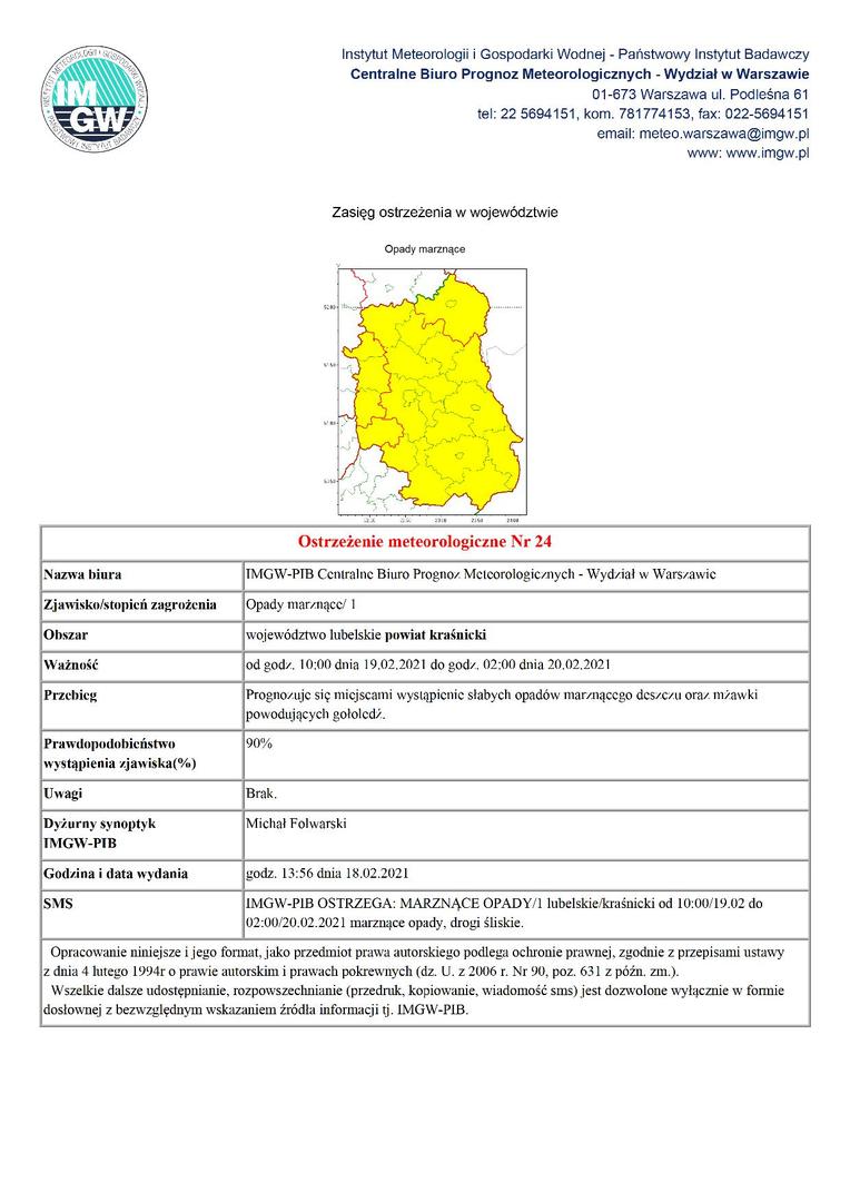 Treść ostrzeżenia meterologicznego
