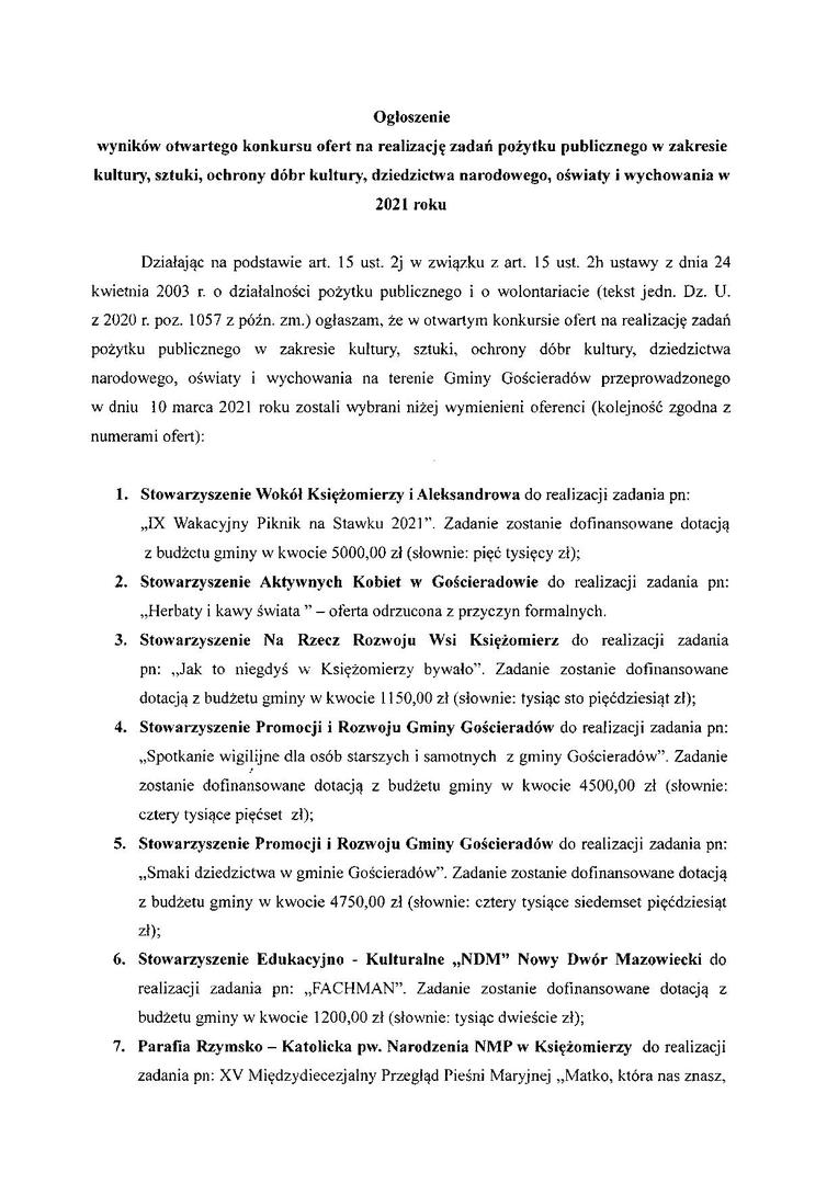 Zdjęcie ogłoszenia wyników otwartego konkursu ofert na realizację zadań pożytku publicznego w zakresie kultury, sztuki, ochrony dóbr kultury, dziedzictwa narodowego, oświaty i wychowania w 2021 roku