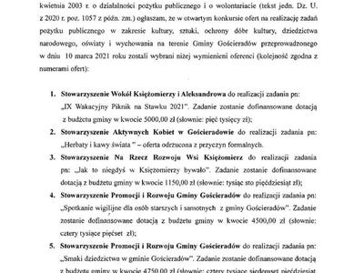 Zdjęcie ogłoszenia wyników otwartego konkursu ofert na realizację zadań pożytku publicznego w zakresie kultury, sztuki, ochrony dóbr kultury, dziedzictwa narodowego, oświaty i wychowania w 2021 roku
