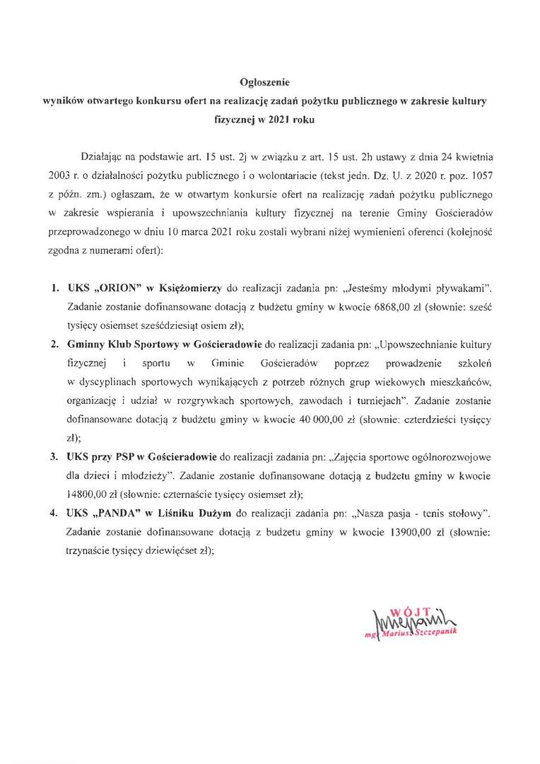 Ogłoszenie wyników otwartego konkursu ofert na realizację zadań pożytku publicznego w zakresie kultury fizycznej w 2021 roku