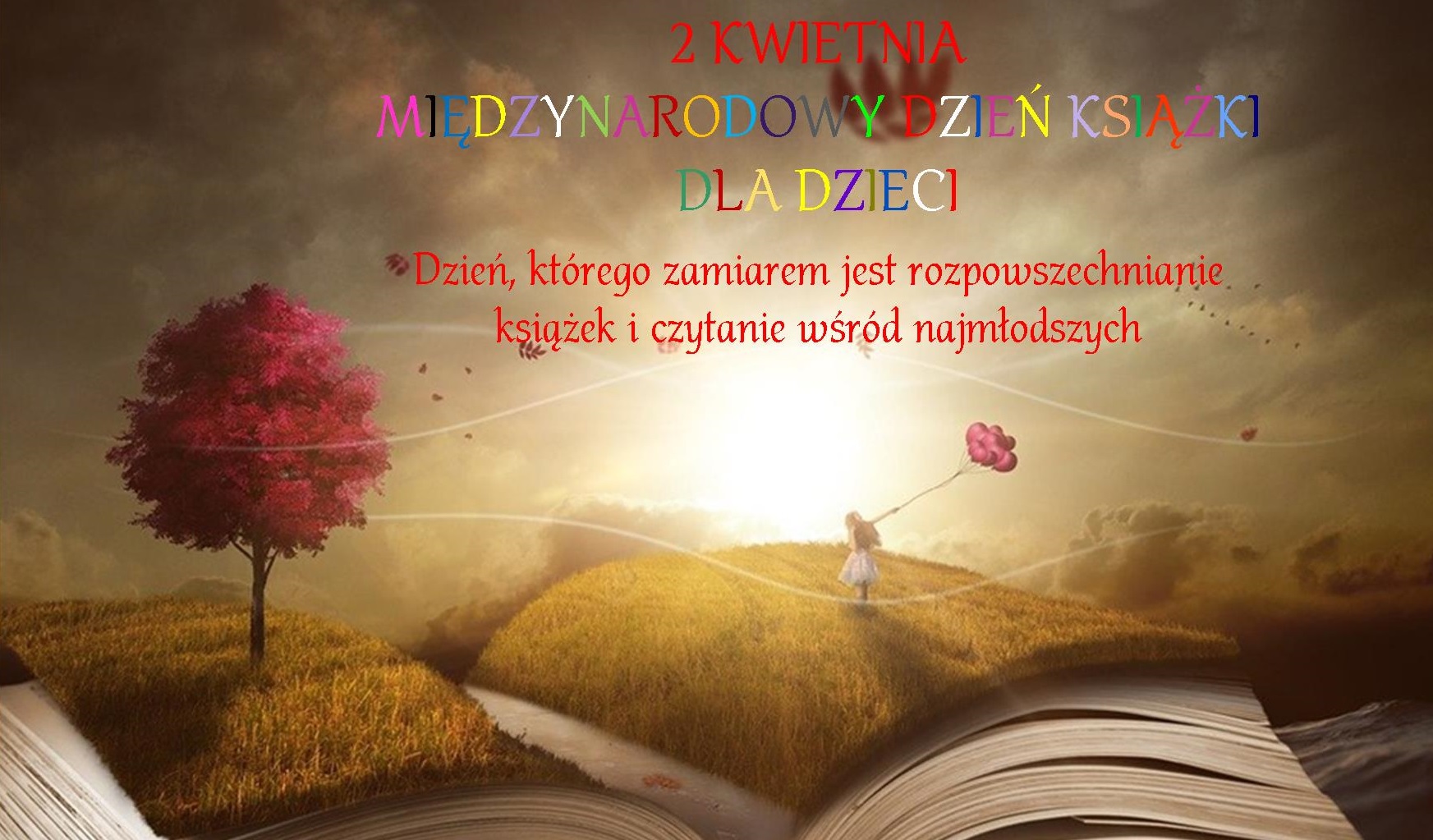 Otwarta książka i dziewczynka z balonami