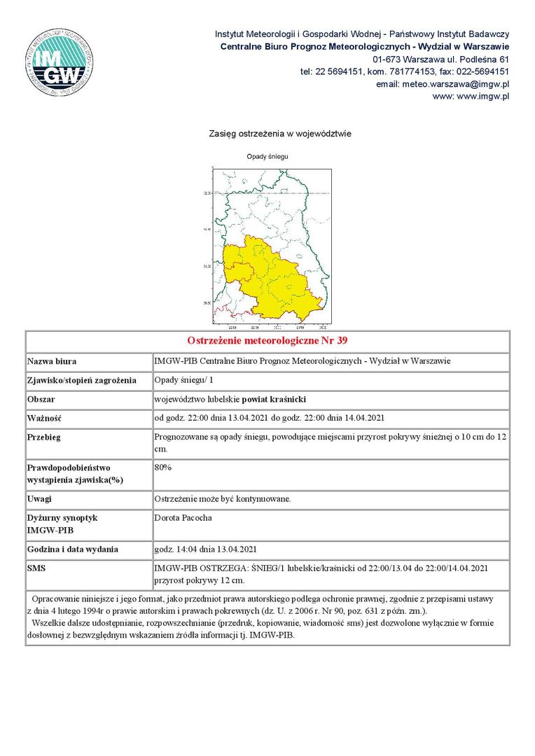 Ostrzeżenie meteorologiczne Nr 39