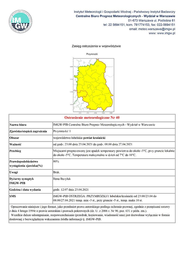Ostrzeżenie meteorologiczne Nr 40 - przymrozki