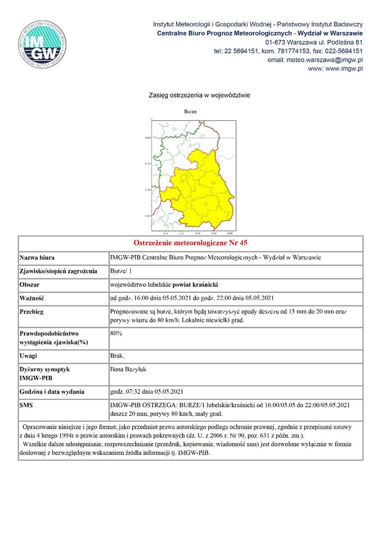 Ostrzeżenie meteorologiczne Nr 45 - burze