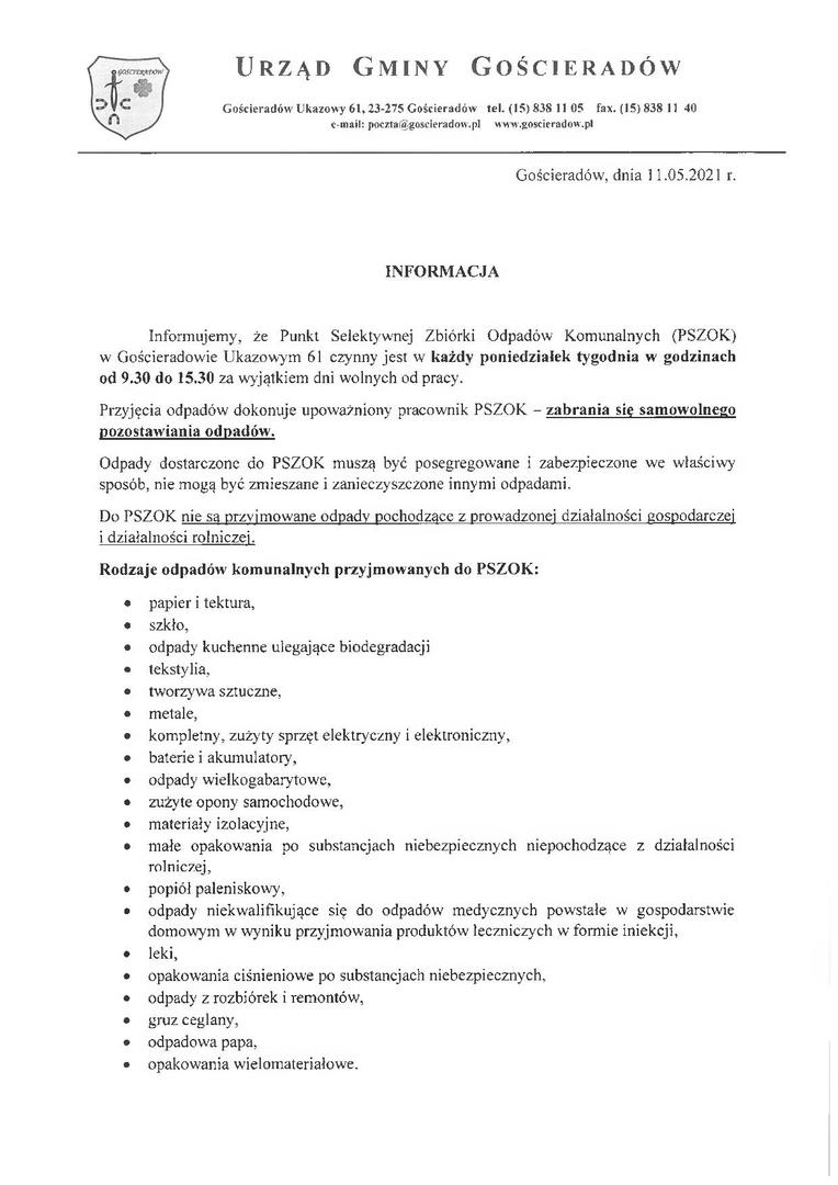 Informacja korzystania z PSZOK