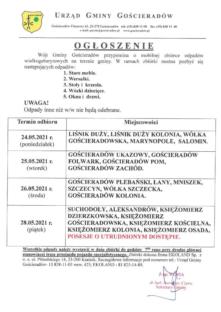 Ogłoszenie o mobilnej zbiórce odpadów wielkogabarytowych