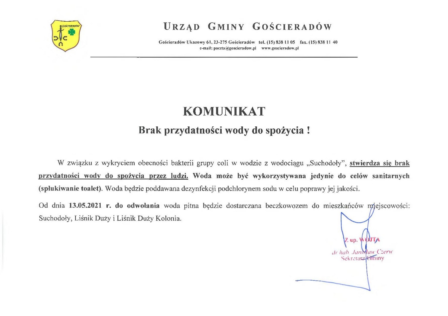 Komunikat - Brak przydatności wody do spożycia
