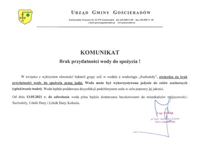 Komunikat - Brak przydatności wody do spożycia