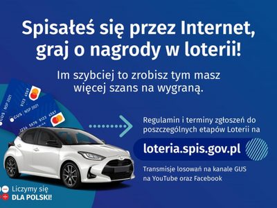 Grafika promocyjna spisu przedstawiająca biały samochód oraz hasło: Spisałeś się przez Internet graj o nagrody w loterii!