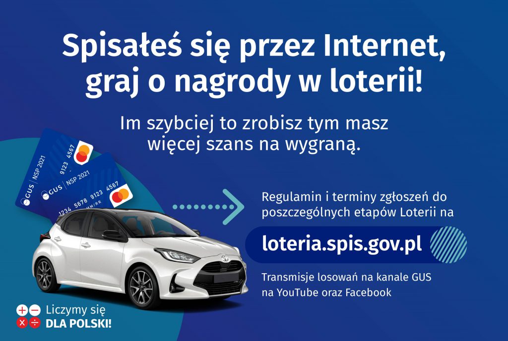 Grafika promocyjna spisu przedstawiająca biały samochód oraz hasło: Spisałeś się przez Internet graj o nagrody w loterii!