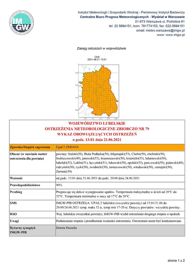 OSTRZEŻENIA METEOROLOGICZNE ZBIORCZO NR 79 - UPAŁ