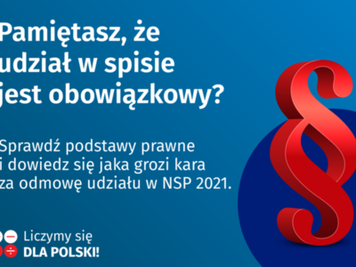 Plakat na którym znajduje się znak "paragraf" oraz napisy mówiące o obowiązkowości spisu.