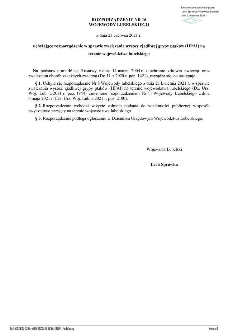 Rozporządzenie Nr 16 WOJEWODY Lubelskiego