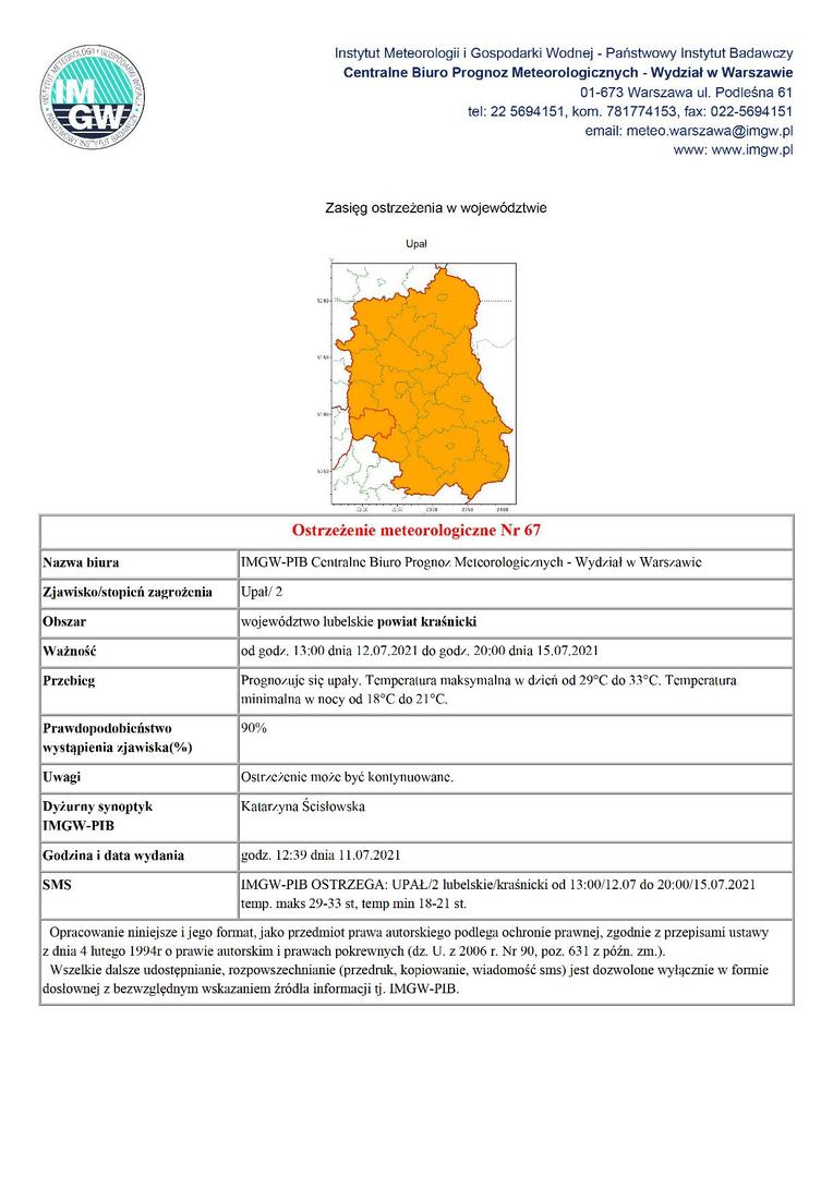 Ostrzeżenie meteorologiczne Nr 67 -Upał