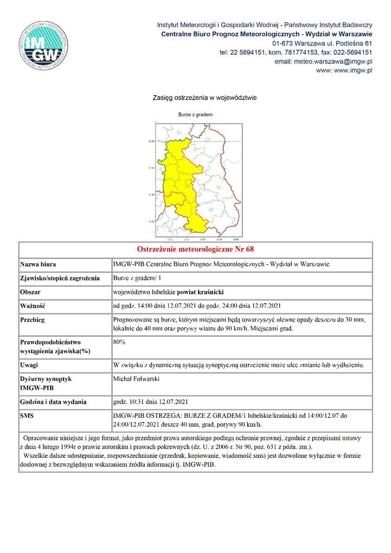 Ostrzeżenie meteorologiczne Nr 68 - BURZE Z GRADEM