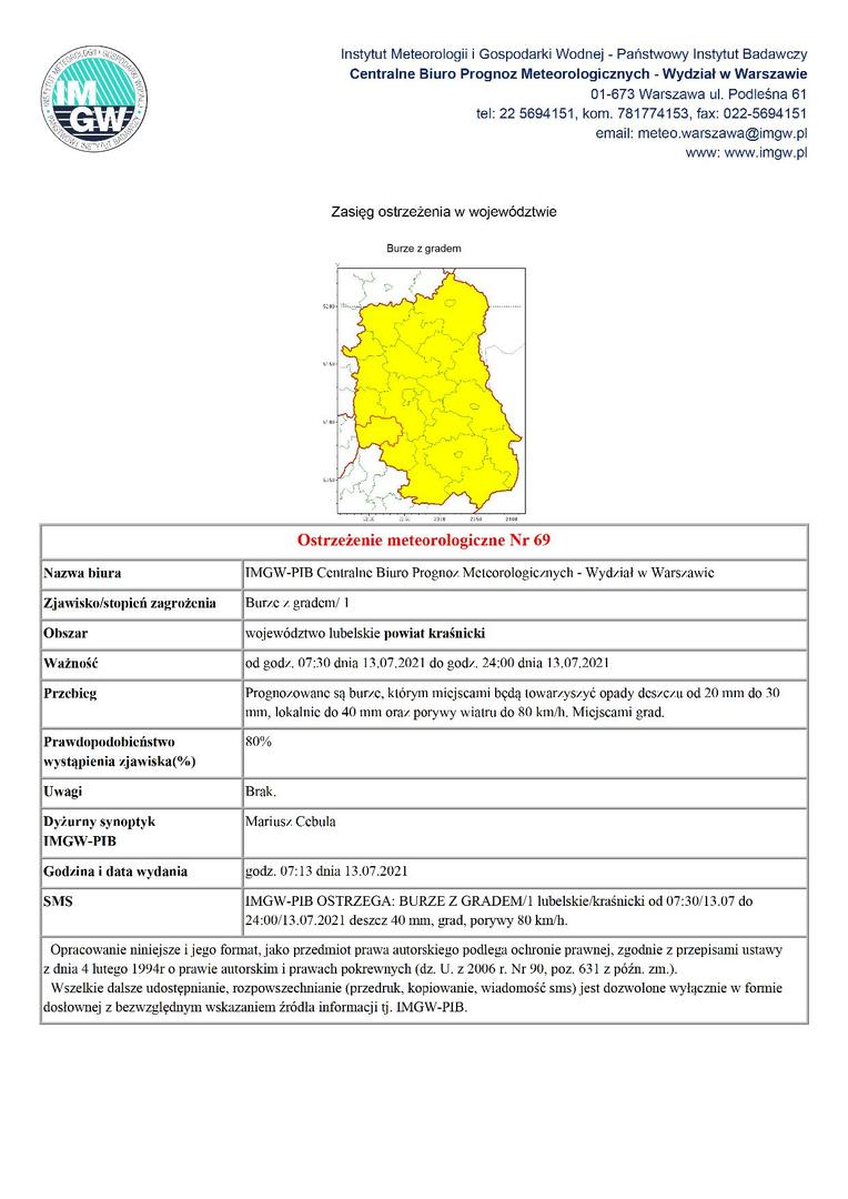 Ostrzeżenie meteorologiczne Nr 69 -Burze z gradem