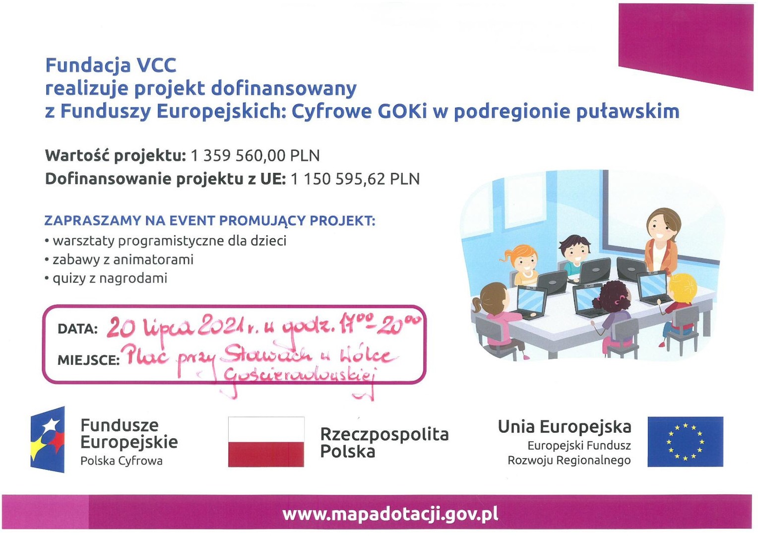 Plakat Fundacji VCC realizujący projekt dofinansowany z Funduszy Europejskich